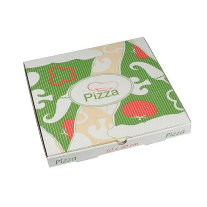 De PAPSTAR 100 pizzadozen, cellulose 'pure' vierkant van PAPSTAR GmbH is een gesloten, vierkante doos (30 x 30 cm) met groen-beige en rode tomaten- en paddenstoelenmotieven en het opschrift 'Pizza' in het midden. Gemaakt van milieuvriendelijke pure cellulose.