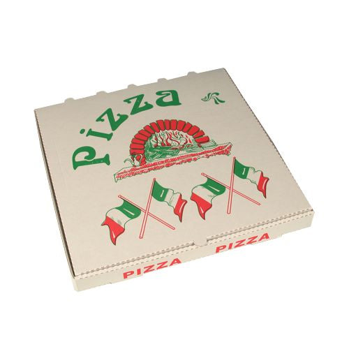 De vierkante pizzadozen 33x33 cm van PAPSTAR GmbH van cellulose tonen de Italiaanse vlag en klassiek design; in een krimpverpakking van 50 stuks - perfect voor authentiek pizza-genot.