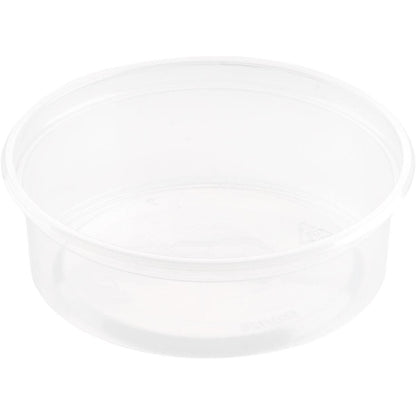 Ein klarer, runder Delipack Transparent PP 101x101 Behälter von Duni GmbH (Packung 50 Stück), glatte Seiten, ohne Deckel, ideal für Lebensmittelaufbewahrung, leer vor weißem Hintergrund dargestellt.