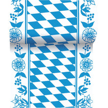 Der Dunicel-Tischläufer 20 m x 15 cm der Duni GmbH hat eine blau-weiße Raute in der Mitte und blaue Blumen an den Seiten - ideal für eine stilvolle Tischdekoration.