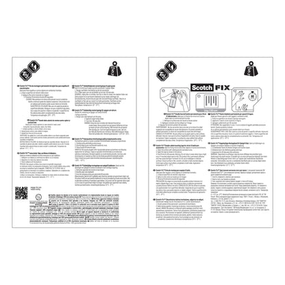 Zwei Anleitungsblätter für das Scotch-FIX™ Spiegelmontageband 4496W der 3M Deutschland GmbH enthalten Gewichtssymbole, Schritt-für-Schritt-Abbildungen und mehrsprachige Spalten mit Richtlinien für eine sichere Spiegelmontage.