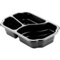 Die Duni GmbH PP-Schale Take-Away 3 Schwarz PP/MIN 250x159x48 (Packung: 246 Stück) hat drei Fächer zum Portionieren von Lebensmitteln, ist mikrowellengeeignet und ideal für die Gastronomie - leer auf weißem Hintergrund abgebildet.