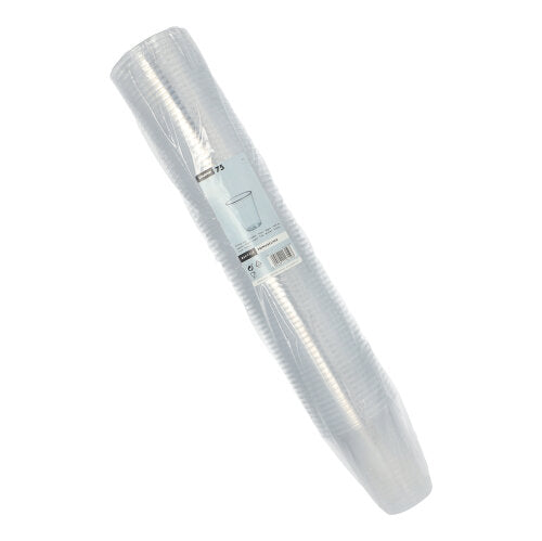 Een stapel Starpak 75 drinkbekers, PS helder met schuimrand, verpakt in een transparante kunststofverpakking met een wit etiket waarop de productgegevens staan vermeld.