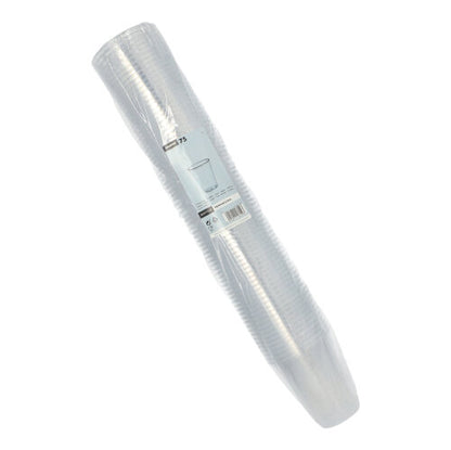 Een stapel Starpak 75 drinkbekers, PS helder met schuimrand, verpakt in een transparante kunststofverpakking met een wit etiket waarop de productgegevens staan vermeld.