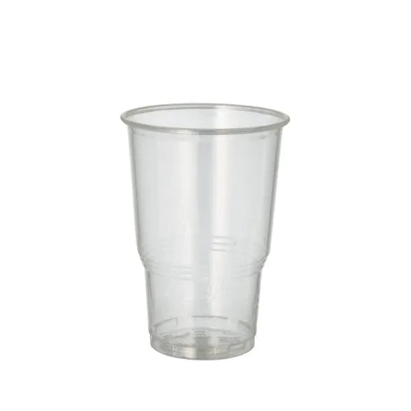 Der PAPSTAR 70 Kaltgetränkebecher, PLA "pure" glasklar mit Schaumrand der PAPSTAR GmbH steht aufrecht vor einem schlichten weißen Hintergrund und präsentiert sein umweltfreundliches Design ideal zum Servieren von Kaltgetränken.