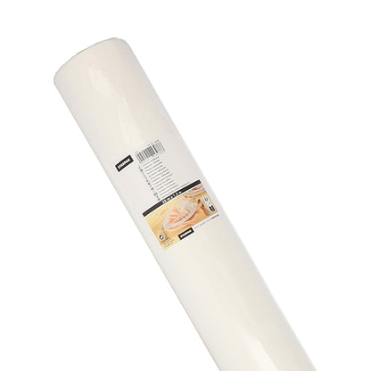 Een witte rol Starpak tafelkleed, stofachtig Airlaid 20m x 1,2m, afgebeeld op een effen achtergrond. Het productlabel is voorzien van tekst, een barcode en een afbeelding van gebak, en benadrukt het hoogwaardige Airlaid-materiaal voor tafelgebruik.