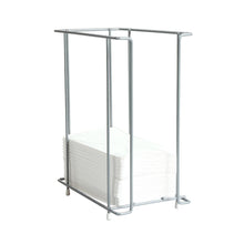 Der Metall Servietten-Dispenser 24 cm für 1/4F Servietten von Duni GmbH ist ein eleganter, rechteckiger, offener Rahmenspender mit vier weißen Füßen, der einen Stapel Servietten hält.