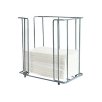 De Duni GmbH metalen servetdispenser 40 cm 1/8F, praktisch en elegant, biedt plaats aan een stapel witte, rechthoekige servetten en is voorzien van een open frame dat op een witte achtergrond is afgebeeld.