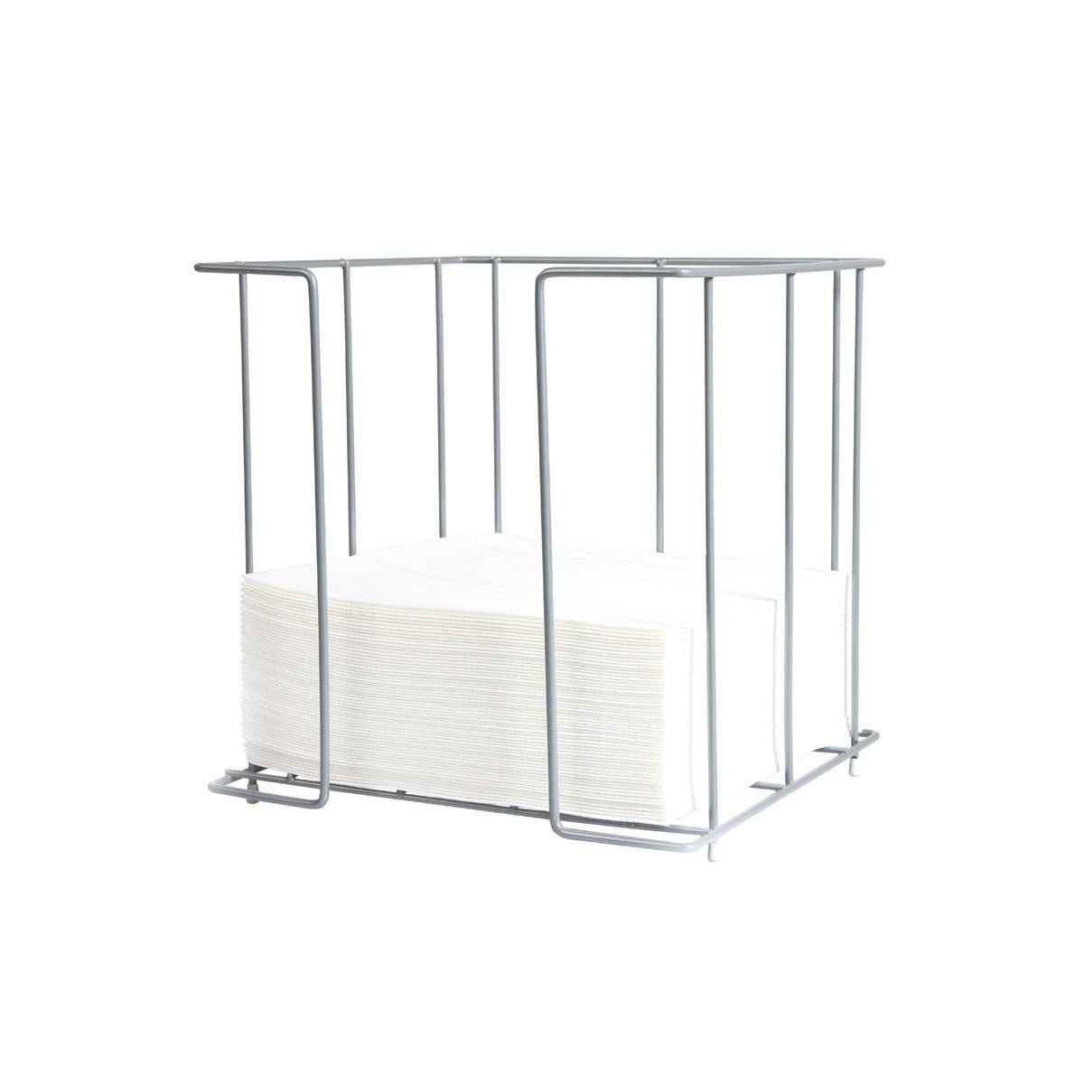 De metalen servetdispenser 40 cm 1/4F van Duni GmbH is een praktische en elegante, aan alle zijden open chroom-metalen draadhouder met verticale staven in rechthoekige vorm, die een stapel witte papieren servetten bevat.