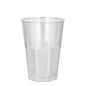 Un gobelet transparent en plastique Starpak pour Latte Macchiato (0,3 l, 8 cm Ø, 11 cm de haut) avec des côtés coniques et un fond plat de l'ensemble de 30 verres Starpak, surface cristalline, présenté sur un fond blanc simple.