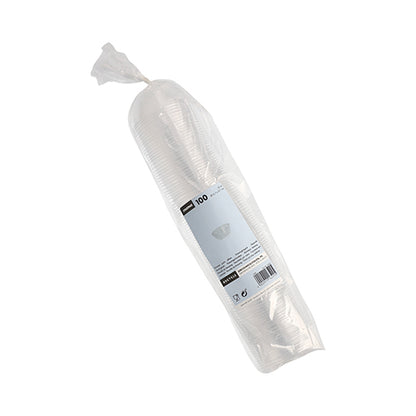 Een verzegelde kunststofverpakking met 100 transparante Starpak dressingschalen, PS, rond, 50 ml (Ø 6,7 cm x 2,7 cm), gestapeld met een wit-blauw etiket - ideaal voor gebruik in de horeca of als dressingbeker.