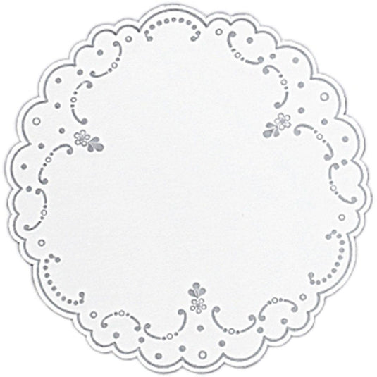La nappe Dunicel de 19 cm avec impression argentée de Duni GmbH est une décoration de table ronde élégante avec un motif de bordure floral, idéale comme sous-verre élégant pour votre table. L'emballage contient 250 pièces.