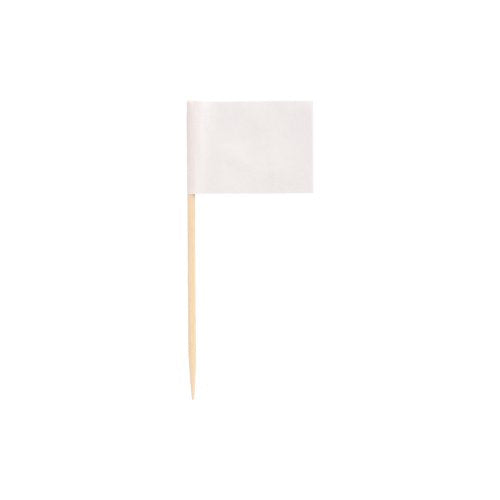 Un petit drapeau rectangulaire blanc simple de PAPSTAR GmbH – PAPSTAR 500 Deko-Picker 8 cm blanc – est présenté sur un bâtonnet en bois sur fond blanc et est idéal pour des présentations élégantes.