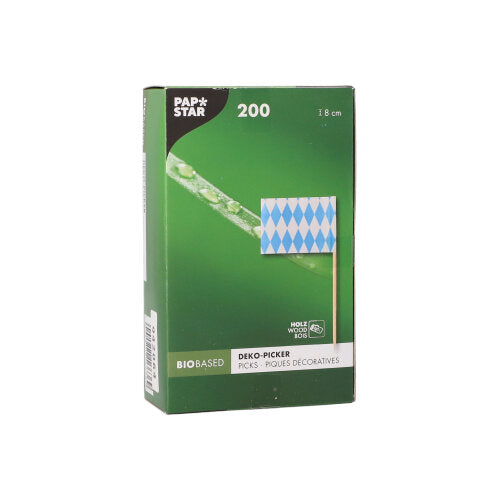 Une boîte verte de la PAPSTAR GmbH avec l'inscription « PAPSTAR 200 Deko-Picker 8 cm » contient des piques biosourcés, chacun muni d'un petit drapeau bleu et blanc à losanges – parfait pour la présentation d'amuse-gueules. L'emballage contient des détails produits multilingues.