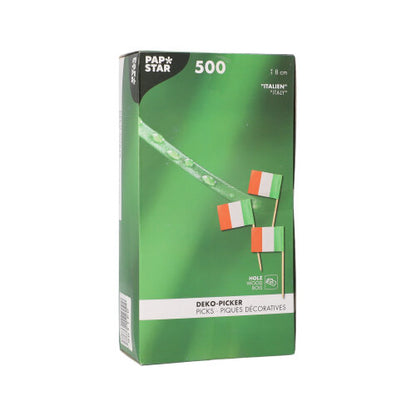 Une boîte blanche avec l'inscription « PAPSTAR 500 Deko-Picker 8 cm blanc » de PAPSTAR GmbH contient des piques écologiques pour des présentations élégantes. Sur le devant, divers piques et un texte multilingue sont illustrés.