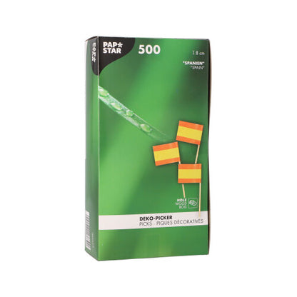 Dans une boîte blanche avec l'inscription « PAPSTAR 500 Deko-Picker 8 cm blanc » de PAPSTAR GmbH se trouvent des pics de décoration de 8 cm de long. L'emballage montre, en plus de l'image des pics, des textes en allemand, anglais et français – idéal pour des présentations élégantes !