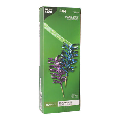 Een groene doos met het opschrift "PAPSTAR 144 deco-prikkers kleurrijk gesorteerd" van de PAPSTAR GmbH bevat 144 kleurrijke houten prikkers, ideaal als decoratieve ijsschermpjes voor feestjes. De biogebaseerde verpakking is milieuvriendelijk en stijlvol.
