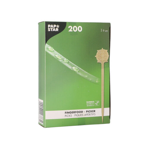 Een groene doos van de PAPSTAR GmbH Fingerfood Picker "Stuurwiel" 9 cm (200 stuks) op kartonnen tray is afgebeeld met een picker en productdetails op de verpakking - perfect voor feestjes.