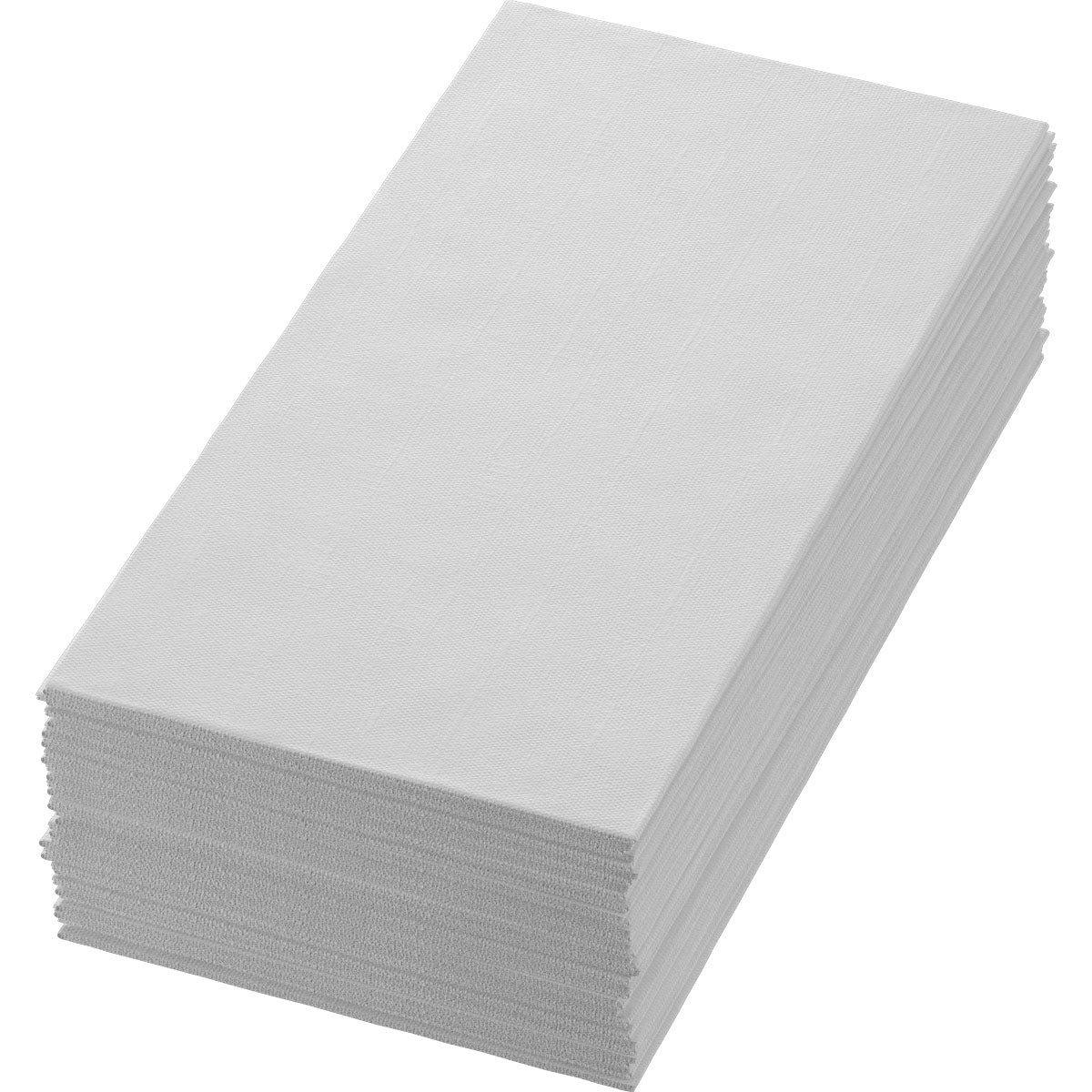 Une pile de serviettes Dunisoft de Duni GmbH pliées 48 x 48 cm, 1/8 pli en livre, blanc (paquet de 60 pièces) est soigneusement disposée sur un fond uni.