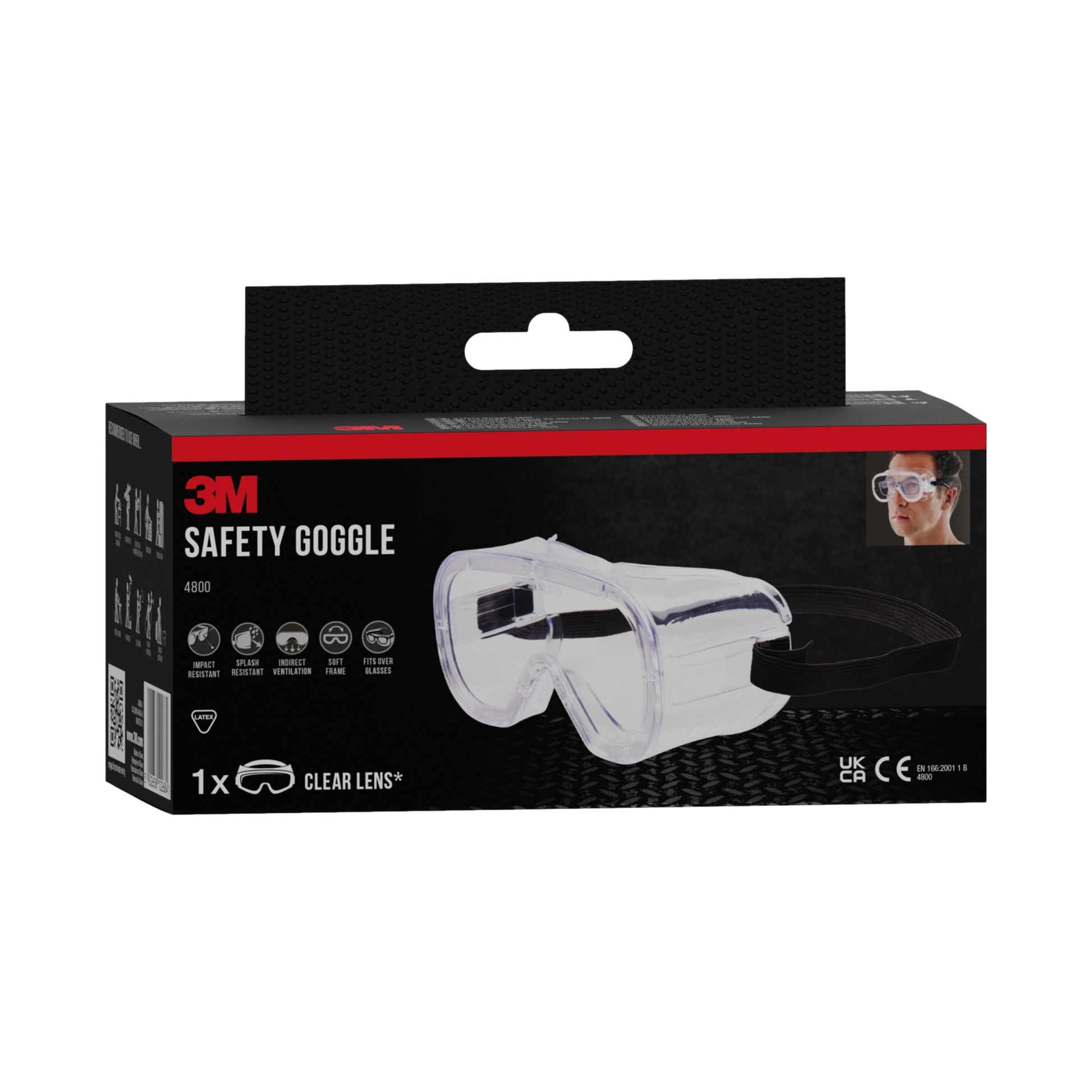 Abgebildet ist eine Schachtel 3M™ Classic Schutzbrille 4800, indirekt belüftet, Klarsichtscheibe (1 Stück) der 3M Deutschland GmbH mit einer Verpackung, auf der die Schutzbrille und eine Person abgebildet sind.