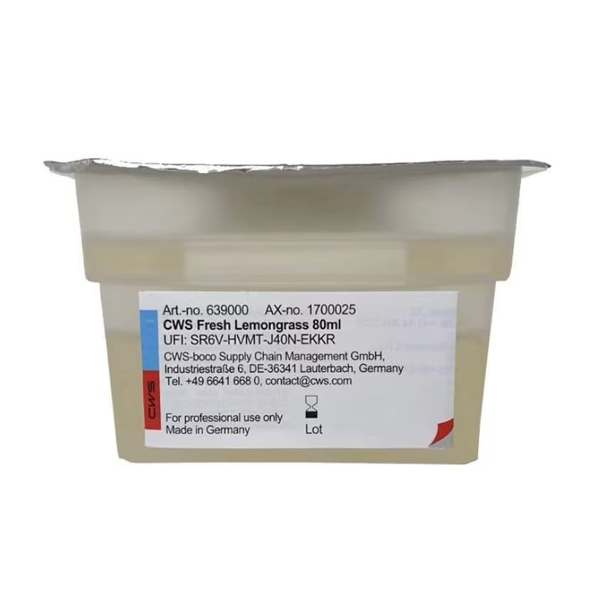 Un conteneur en plastique scellé avec l'inscription "CWS ParadiseLine Parfum pour salle de bain pour diffuseur de parfum Paradise Air Bar" de CWS, avec un couvercle en aluminium et une étiquette de contact, est destiné uniquement à l'utilisation professionnelle de parfum pour salle de bain.