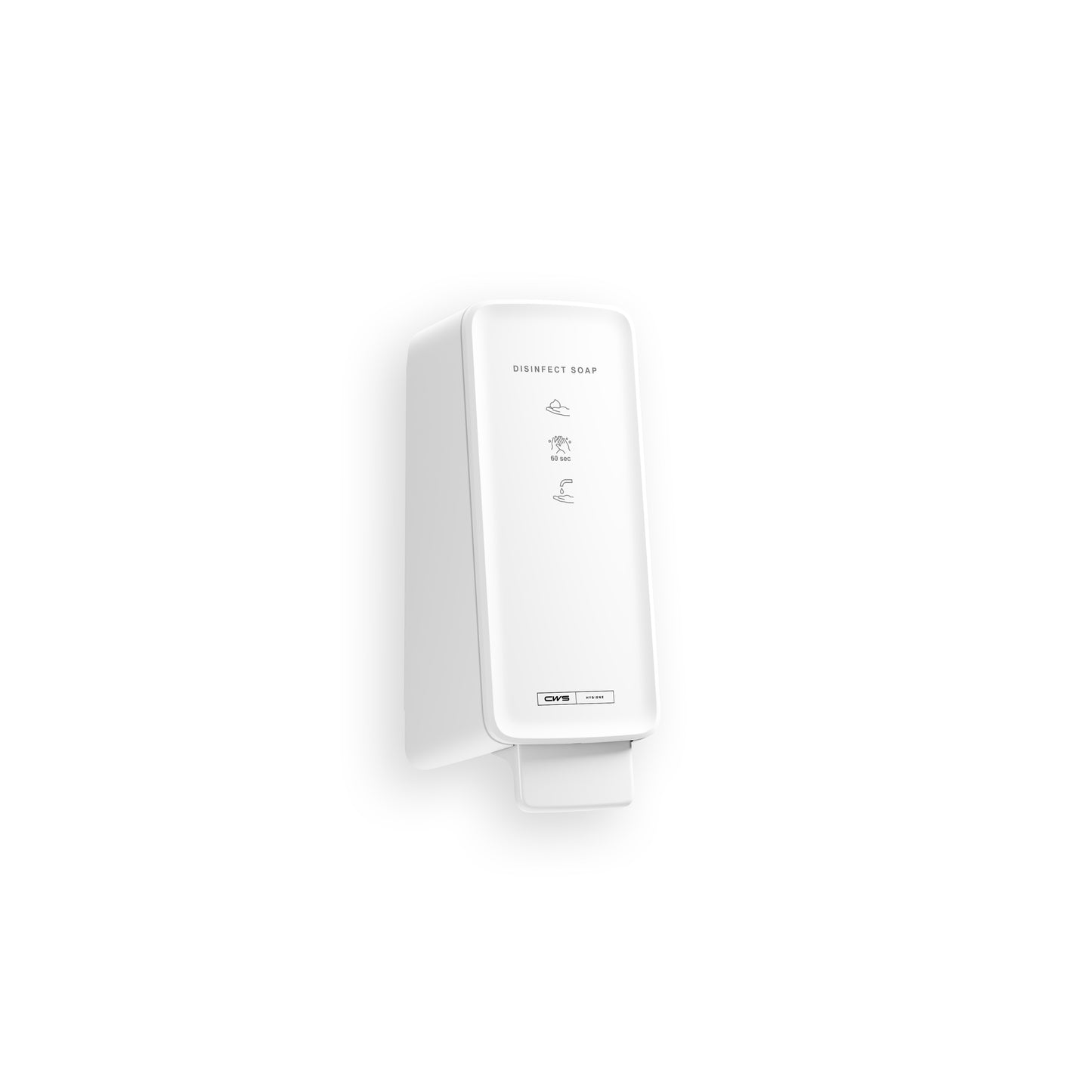 Een witte, aan de muur gemonteerde dispenser met het opschrift "Disinfect Soap" geeft CWS PureLine Disinfect Foam (1 stuk) af voor een effectieve desinfectie. Hij beschikt over eenvoudige toepassingssymbolen en een rechthoekige drukknop aan de onderkant op een eenvoudige witte achtergrond.