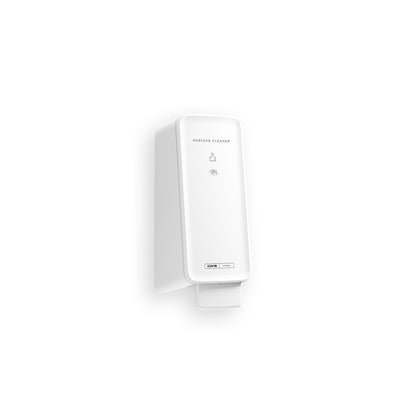 Een witte, rechthoekige, wandgemonteerde CWS PureLine Surface Cleaner | Verpakking (1 stuk) dispenser van CWS met drukhendel en eenvoudige frontbeschrijving biedt hygiënische oppervlakken tegen een eenvoudige witte achtergrond.