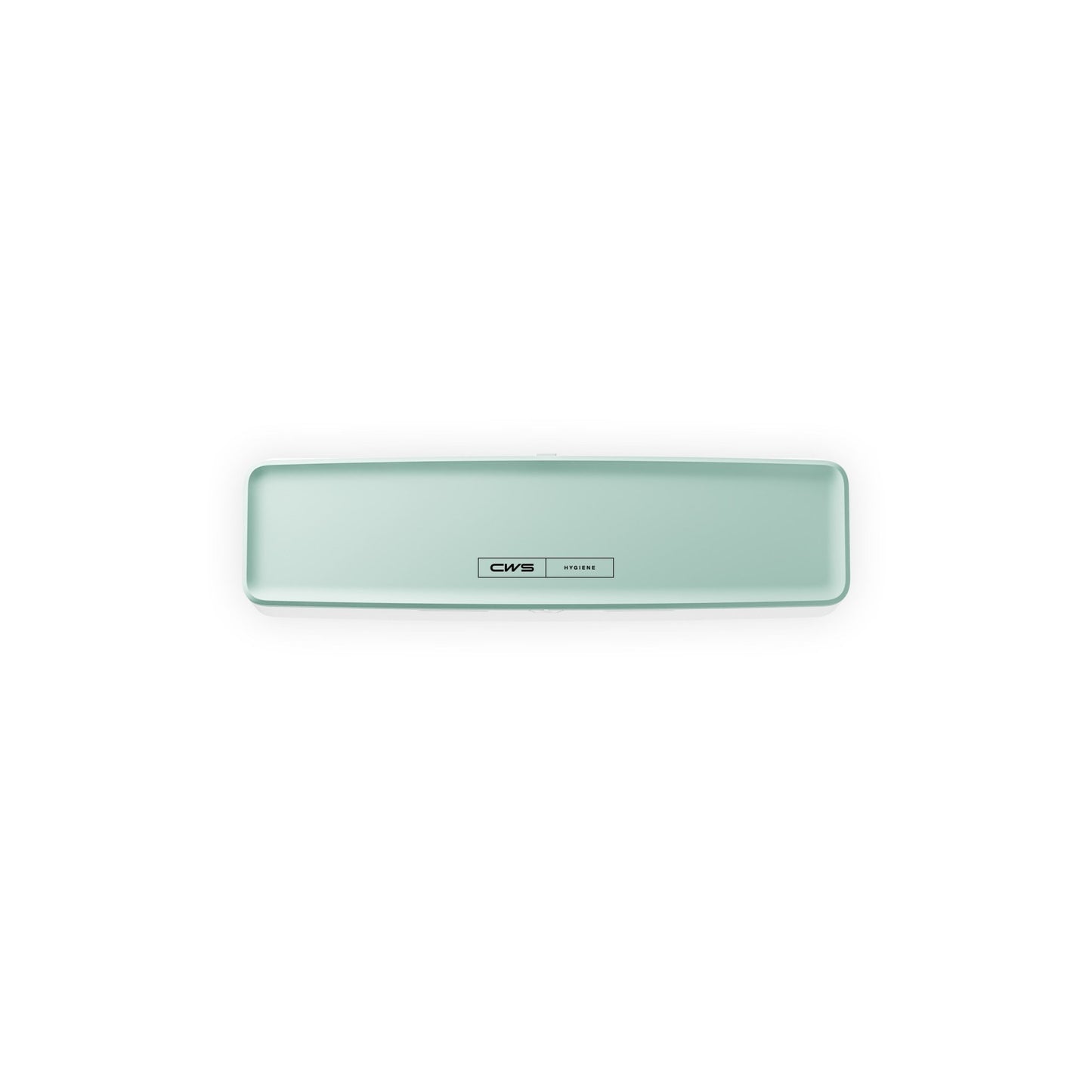 Een rechthoekig, lichtgroen apparaat met afgeronde hoeken en een centraal label met de tekst "CWS PureLine Frontpaneel voor PureLine Air Bar" wordt weergegeven tegen een witte achtergrond.