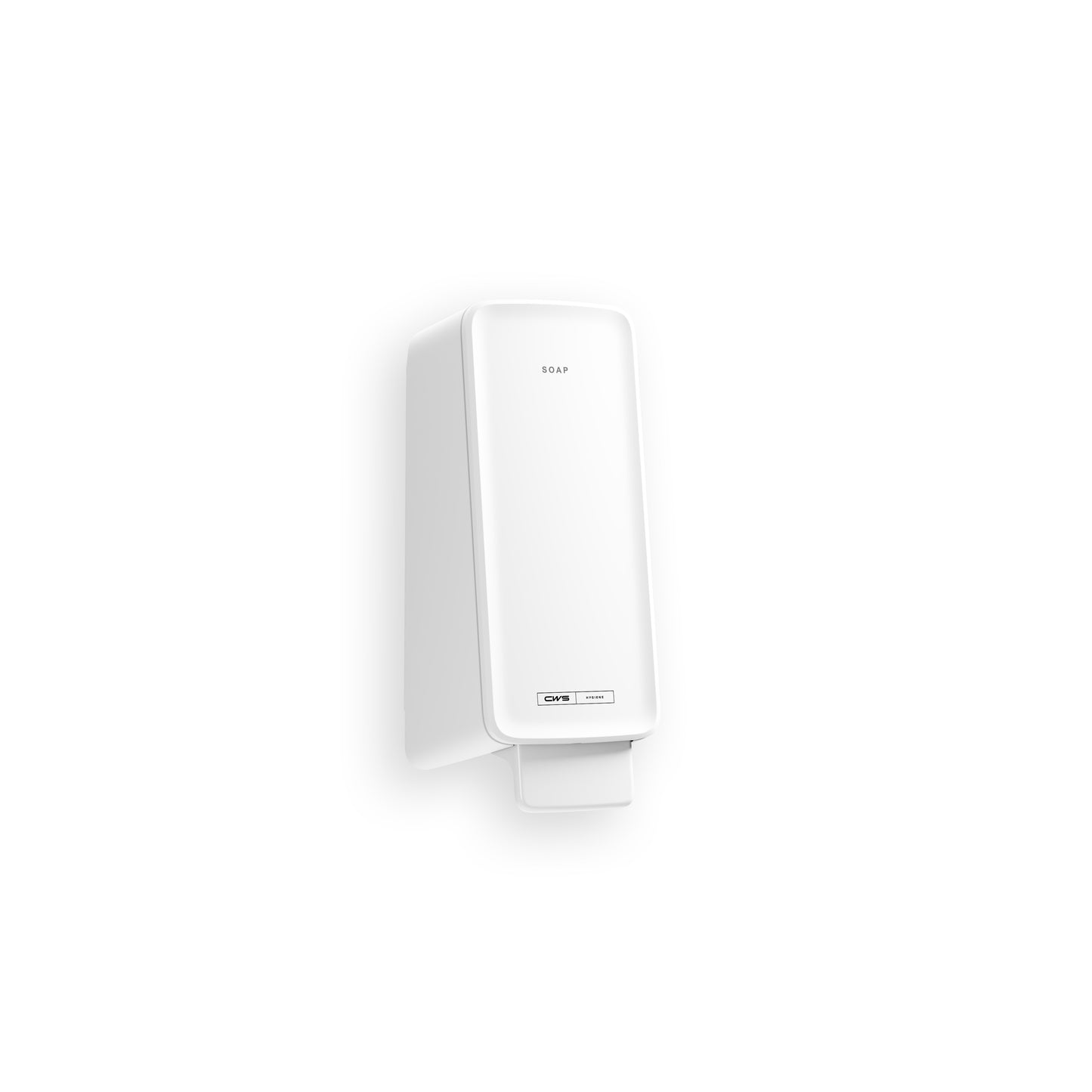 Un distributeur mural blanc CWS PureLine Cream de forme rectangulaire, avec une étiquette "SOAP" en haut et un levier à pression en bas. Parfait pour la distribution de savon crème CWS PureLine Cream. Fond blanc uni.