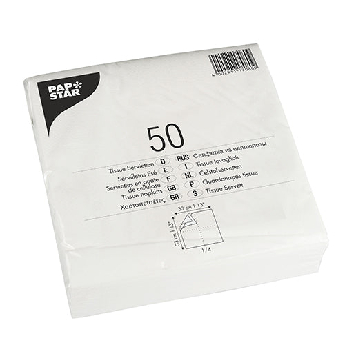 Een verzegelde verpakking met 50 PAPSTAR GmbH servetten 1/4-vouw, 33x33 cm, wit, 2-laags in een folieverpakking met meertalige productinformatie en maatinformatie.