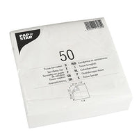 Un paquet scellé contenant 50 PAPSTAR Serviettes GmbH, pliage en 4, 33 x 33 cm, blanches, 2 épaisseurs, conditionnées dans un emballage sous film plastique comportant des informations sur le produit et les dimensions imprimées en plusieurs langues.