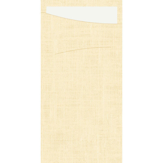 Ein cremefarbener strukturierter Sacchetto Dunisoft 230 x 115 mm von Duni GmbH mit sichtbarer Tasche und weißer Karte, ideal für Geschenkverpackungen oder als Papiertüte.