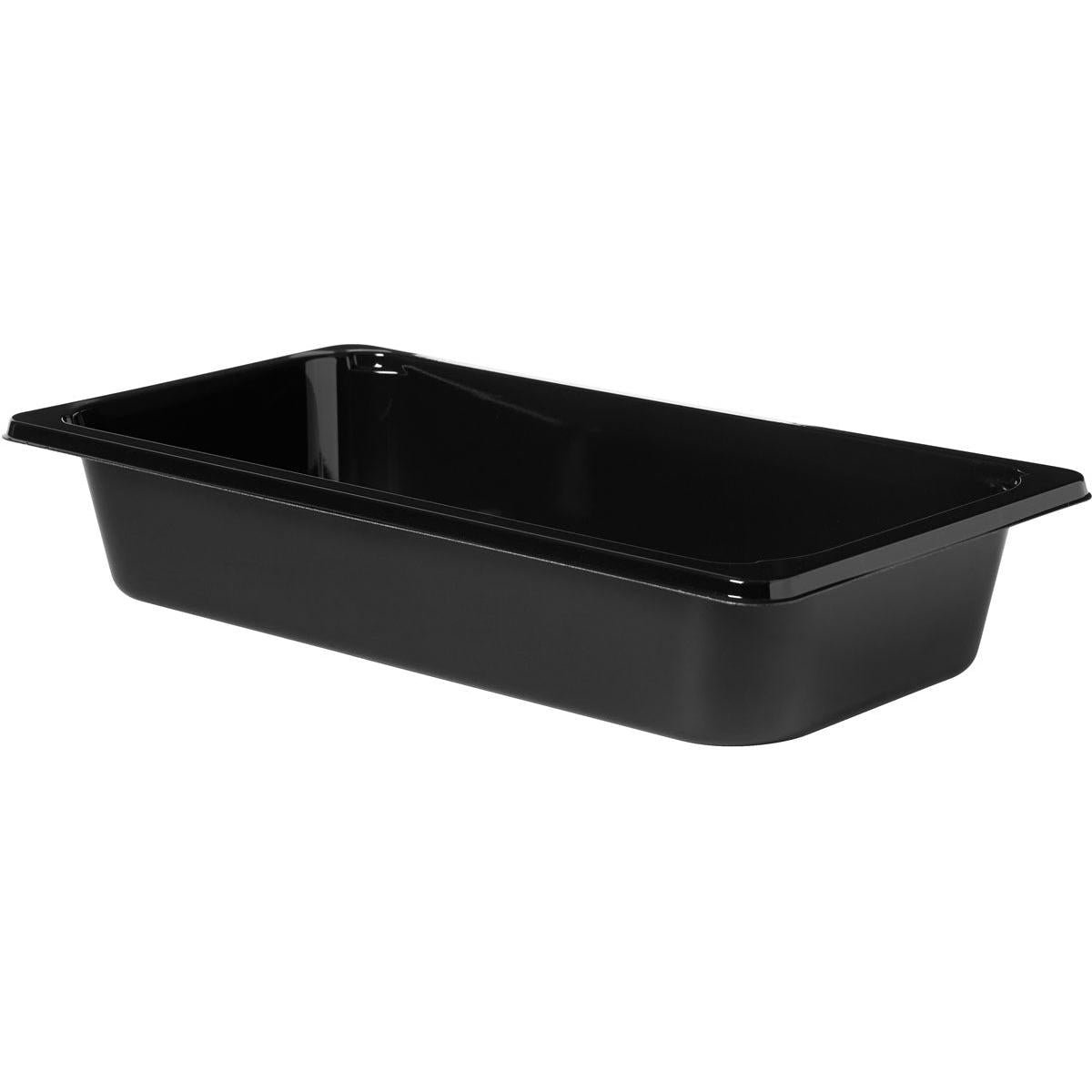 Abgebildet ist eine schwarze CPET-Schale 1/3 GN der Duni GmbH (325x176x60 mm) aus Kunststoff mit glatten Seiten und abgerundeten Ecken, von vorne auf weißem Hintergrund. Die Packung enthält 174 Stück.