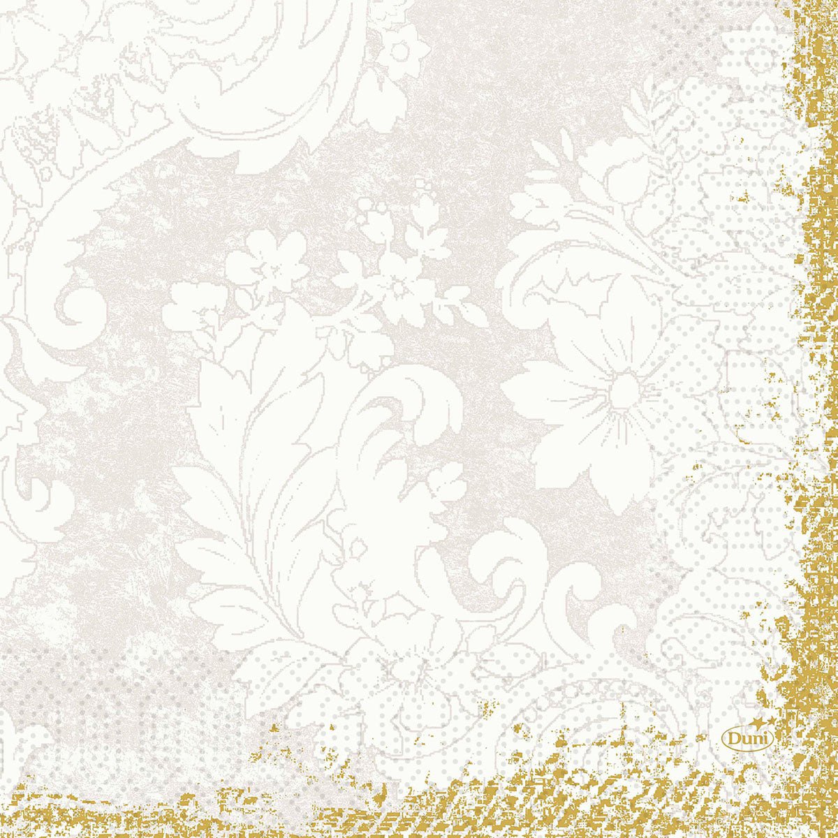 Motifs de fleurs et de feuilles blanches sur un beige clair, avec une bordure à paillettes dorées sur deux bords. Les serviettes en cellulose 33x33 cm, 3 plis (paquet de 50) de Duni GmbH sont conçues dans un style vintage avec de la dentelle et l'inscription "Duni" dans le coin inférieur droit.