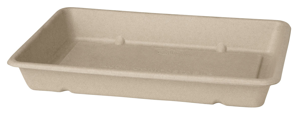 Die Box Bagasse Braun der Duni GmbH ist eine beigefarbene, rechteckige, kompostierbare Schale mit leicht erhöhten Rändern und drei kleinen Rippen an jeder Längsseite. Sie ist aus Faserform hergestellt, hat einen flachen Boden und dient als umweltfreundliche Verpackung.