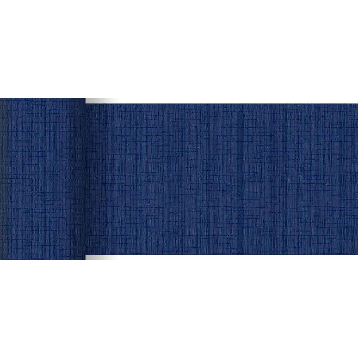 Der Dunicel-Tischläufer 20 m x 15 cm von Duni GmbH zeigt ein strukturiertes, gitterartiges dunkelblaues Muster - perfekt für die stilvolle Tischdekoration oder den kreativen Einsatz, hier teilweise ausgerollt vor weißem Hintergrund.