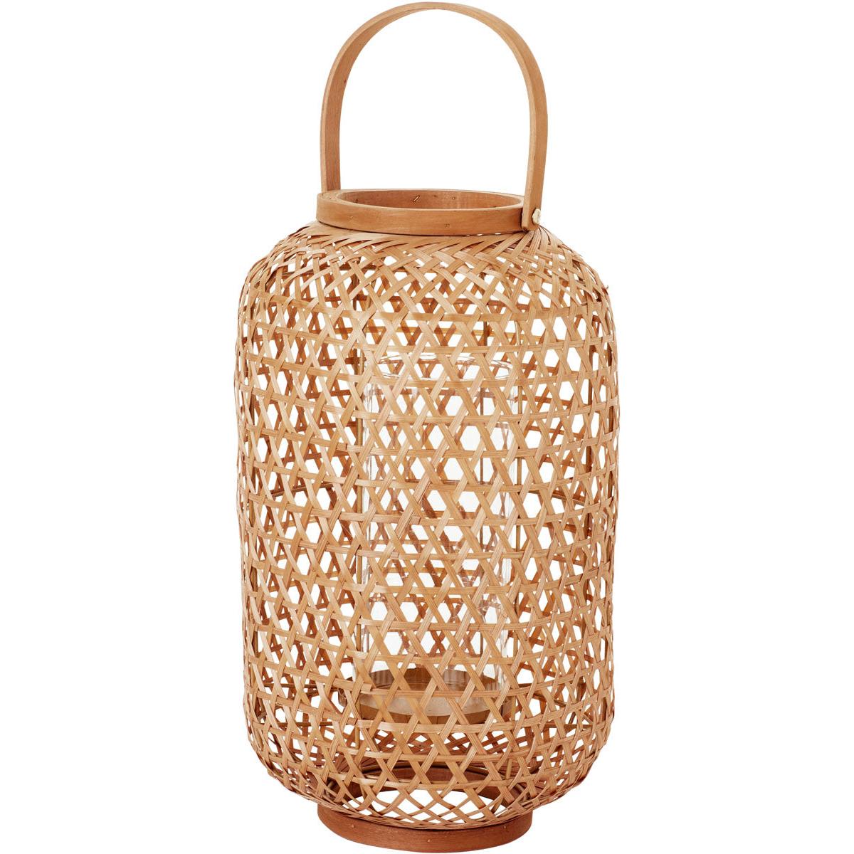 La lanterne en bambou Area de Duni GmbH (400 x 230 mm), avec cylindre en verre et poignée, est idéale comme lanterne LED ou lanterne à bougie. Le design ouvert la rend parfaite comme lanterne pour la décoration de salon.