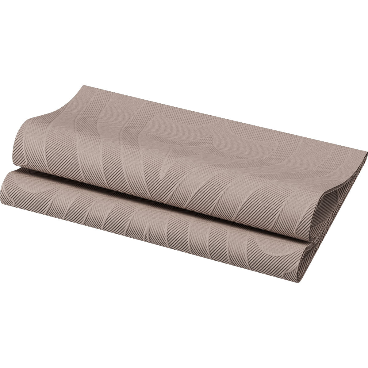 Een gevouwen Elegance Servet 40x40 cm in Lily Greige van Duni GmbH met een bruine structuur en subtiel gegolfd, lineair patroon wordt als hoogwaardige tafeldecoratie gepresenteerd op Wit-Ideal (verpakking met 40 servetten).