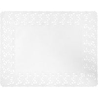Een rechthoekig decoratief kantpapier van Duni GmbH, 35 x 45 cm, wit, met een ornamentale rand en een stevig middenstuk, ideaal voor elegante tafeldecoraties of taartpresentaties. De verpakking bevat 250 hoogwaardige taartkantjes van knutselpapier.