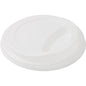 Een witte CPLA deksel voor 182576 van Duni GmbH (verpakking: 50 stuks) met verhoogde rand en ovale drinkopening, afgebeeld op witte achtergrond - milieuvriendelijk & biologisch afbreekbaar voor duurzaam koffiegenot.