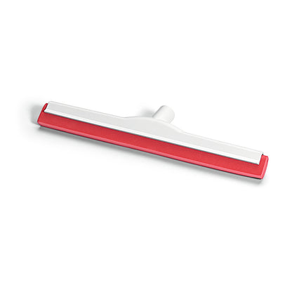 Ein Nölle Profi Brush HACCP Wasserschieber Bodenabzieherkopf (glasfaserverstärkt, Hygiene-Gummi, deutsches Gewinde) von Nölle Profi Brush Bürsten- & Pinseltechnik e.K., rot-weiß, abgebildet auf weißem Hintergrund.