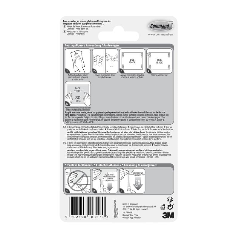 Verso d'un paquet de bandes adhésives Command™ Poster-Strips 17024 de 3M Deutschland GmbH avec des instructions illustrées étape par étape pour une fixation sans résidus et pour fixer des posters en plusieurs langues, avec des diagrammes, un code-barres et le marquage 3M en bas à droite.