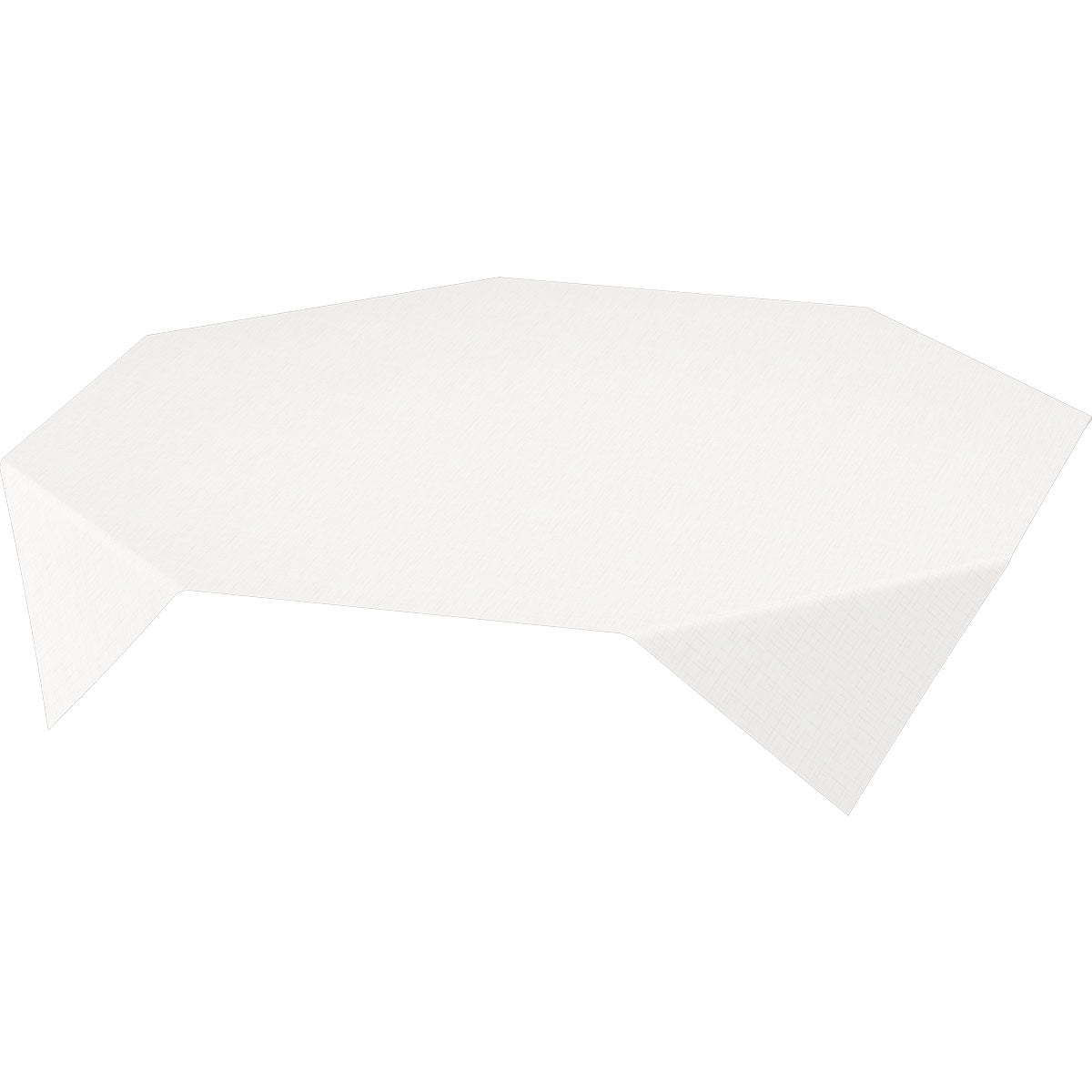 Een eenvoudige witte, rechthoekige tafel is gedrapeerd met een Duni GmbH Dunisilk tafellaken 84x84 cm Linnea wit (100 stuks), dat schuin voor een witte achtergrond wordt getoond.