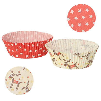 PAPSTAR GmbH 60 moules à cupcakes Ø 5 cm · 2,5 cm : Inclus des moules à cupcakes en rouge avec des étoiles blanches et en crème avec un renne bordé de rouge. Les motifs plats présentent tous deux des motifs festifs - idéal pour cuire des cupcakes ou des muffins.