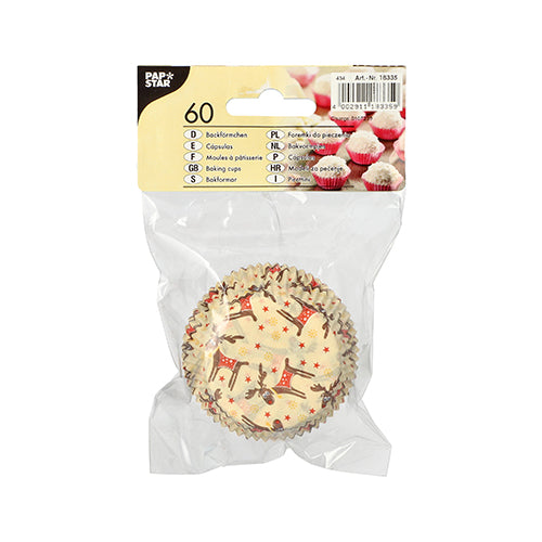 60 pièces PAPSTAR moules à cupcakes (Ø 5 cm × 2,5 cm) de la société PAPSTAR GmbH avec impression de renne/étoile rouge-brun, idéal pour des muffins ou des cupcakes. Emballés dans un sac transparent avec une étiquette jaune avec les détails du produit.