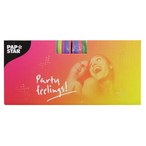 Een roze-geel rechthoekige verpakking van de PAPSTAR GmbH toont twee lachende vrouwen, „Partygevoelens!“ en een venster met PAPSTAR 3 serpentines van 4 m - hoogwaardige decoratie in een 3-pack - in felle strepen.