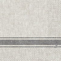 Les serviettes en tissu 33 x 33 cm, 3 épaisseurs, pliées en 4, modèle « Cocina » noir de la société Duni GmbH sont composées d'un tissu beige texturé, orné de rayures horizontales gris foncé dans la partie inférieure et portant l'inscription « Duni » dans la zone rayée. Le paquet contient 250 pièces.