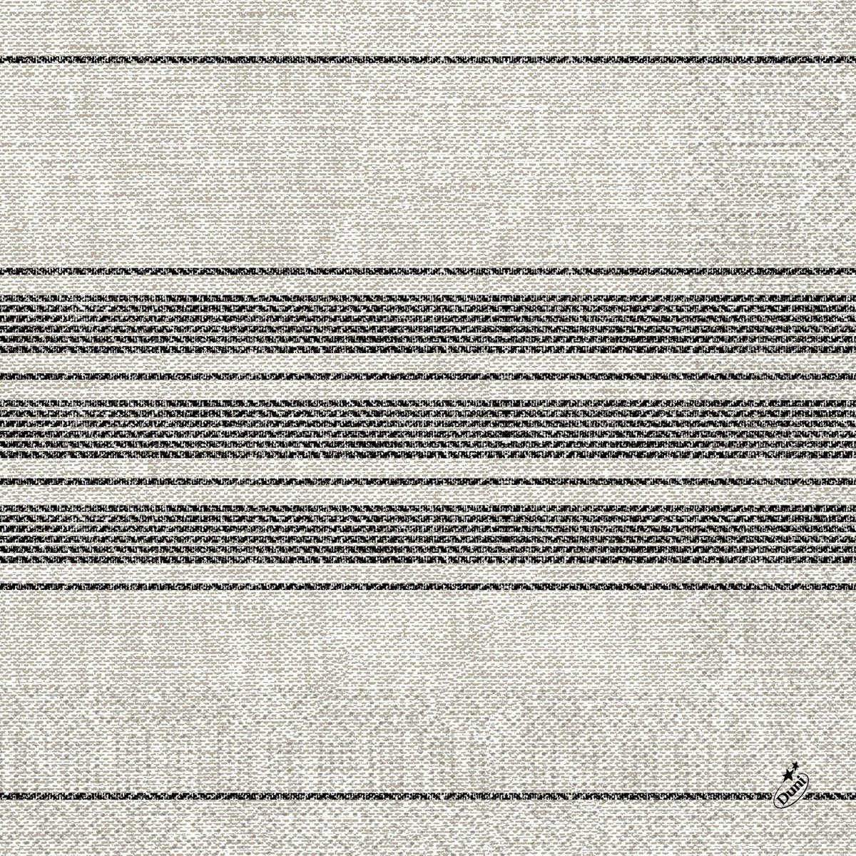 Les serviettes en cellulose de Duni GmbH (40 x 40 cm, 3 plis, 1/4 pli) ont un fond beige clair avec plusieurs bandes noires horizontales. Avec une petite inscription en bas à droite. Disponible en paquets de 250 sous le nom de Cocina noir.