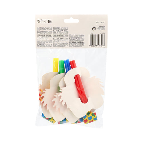 Eine durchsichtige Tüte der PAPSTAR GmbH enthält 4 bunte Clowngesichter, die sich perfekt für Partys und Feste eignen. Das Verpackungsetikett mit Text und Barcode ist sichtbar - ein lustiges Accessoire für festliche Anlässe!.