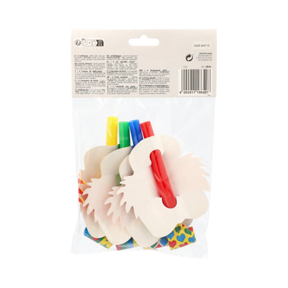 Un sac transparent de PAPSTAR GmbH contient 4 visages de clown colorés, parfaits pour les fêtes et célébrations. L'étiquette de l'emballage avec texte et code-barres est visible - un accessoire amusant pour les occasions festives!